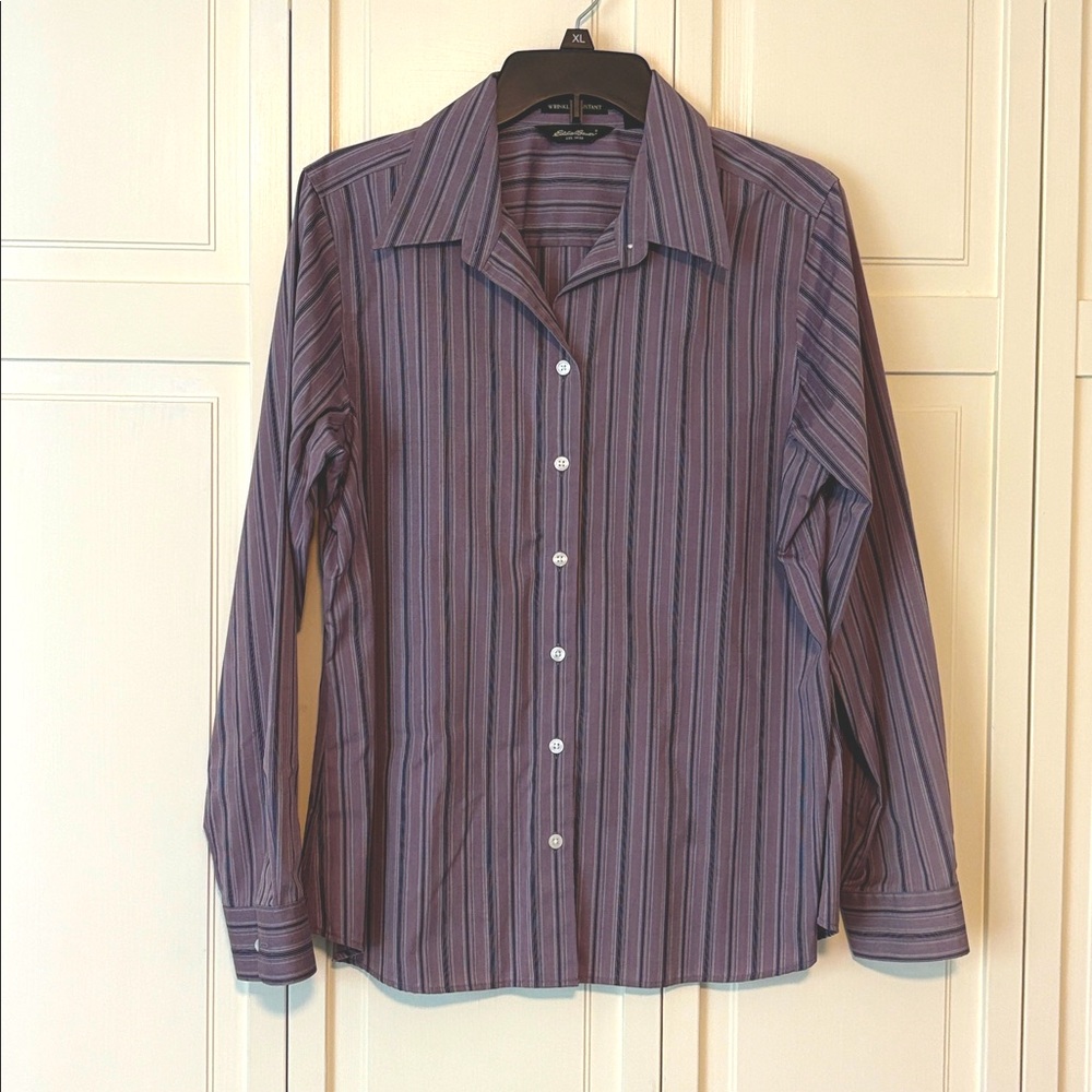 Eddie Bauer Purple Striped button down Shirt wrinkle resistant.  Size Large.